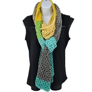 Handmade Crochet Scarf Teal Yellow Grey Colorblock Open Knit 76x10